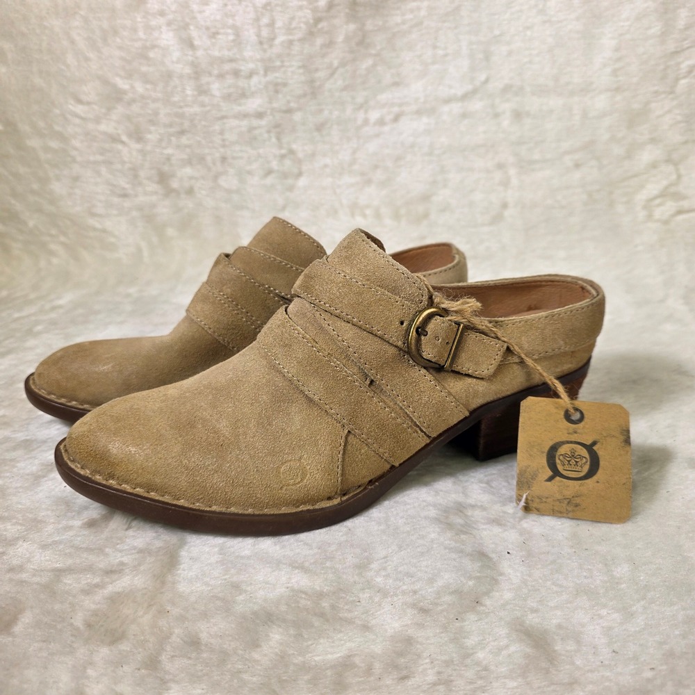 Born Western Suede Mules Bootie Buckle Heel Strap Tan Boho Womens 8M NEW